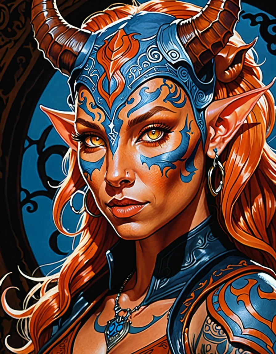 (((masterpiece))), (((Best quality: 1.4))), ((Super Detail: 1.4)) , hyper-detailed gouache painting of a female tiefling, Gorgeous exotic features, Amber neon eyes:1.5, orange hair, Hyper-detailed facial features, expressive face, detailed textures, blue skin tone, tattoos, natural leather shader, volume, warm tones under her skin, ultra high resolution