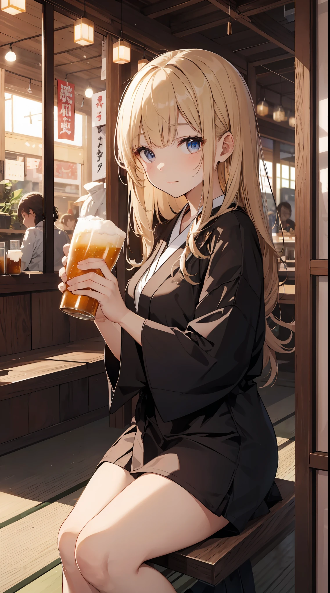 This illustration depicts a cute girl drinking beer at an izakaya. She holds a glass of beer in her hand and her eyes sparkle. The inside of the store is a traditional Japanese izakaya, with tatami mat floors and signs hanging on the walls. However, the most noteworthy thing is the "last mysterious high-energy body" she emits. This energy body is released from her body and has the power to obliterate the garbage in the store. The pale light reaches every corner of the room. A girl with a satisfied expression is sitting from the window. It's evening, dressed after work.