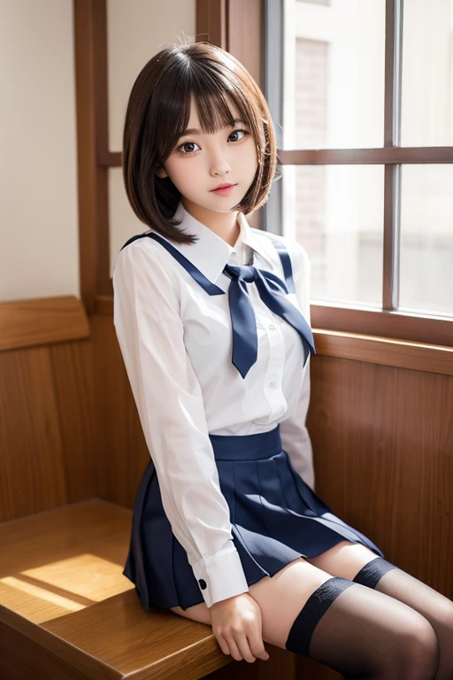beautiful girl、Idol、high school girl、uniform、stockings、Bob Hair、See-through、mini skirt、sit