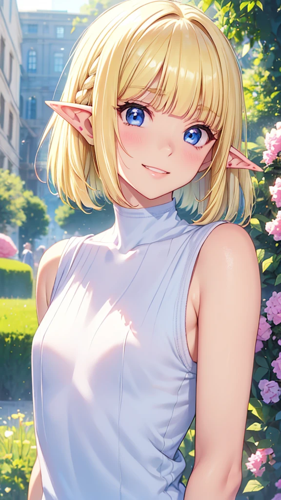 Very close、((Focus on the upper body))、16k、masterpiece、High resolution、High resolution、((****ung elven woman))、((Beautiful white skin))、((Beautiful blonde))、((Small breasts))、Bunhead、short hair、((Beautiful Blue Eyes))、((Pointed Ears))、Smiling Kindly、Grin、blush、Pink Lip Gloss、Shiny skin、((Sleeveless Summer Sweater))、((In a crowded city))、Courting me