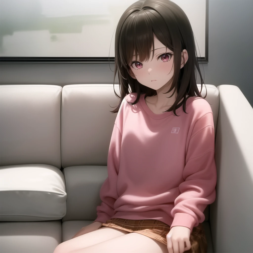 a close up of a person sitting on a couch with a pink light, a picture, a screenshot, inspired by Wang Yuanqi, weibo, ghailan!, juri misaki, ayamin kojima, without makeup