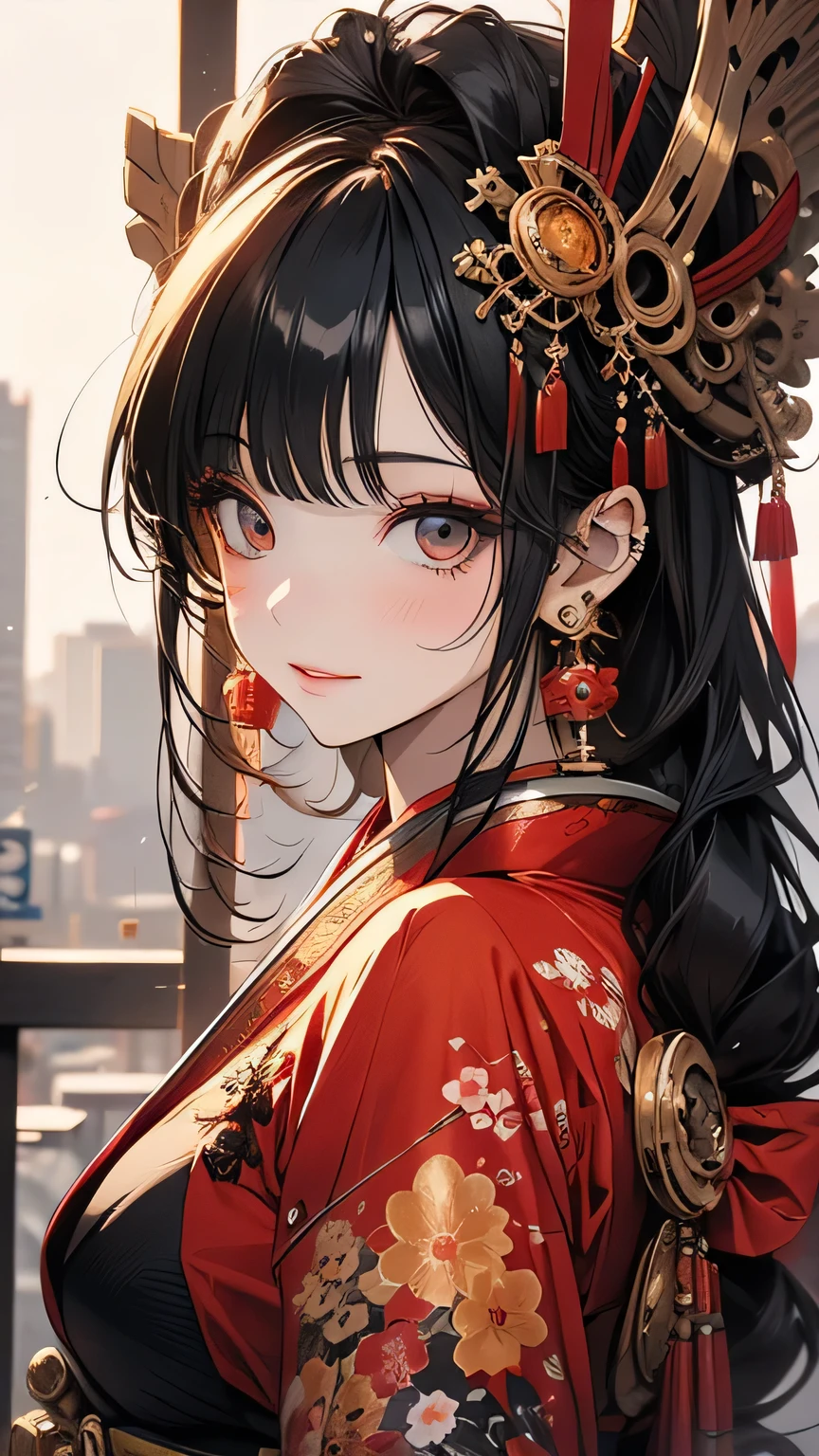(highest quality), girl,Oriental detailed background, Oriental cityscape, steampunk, Shrine maiden