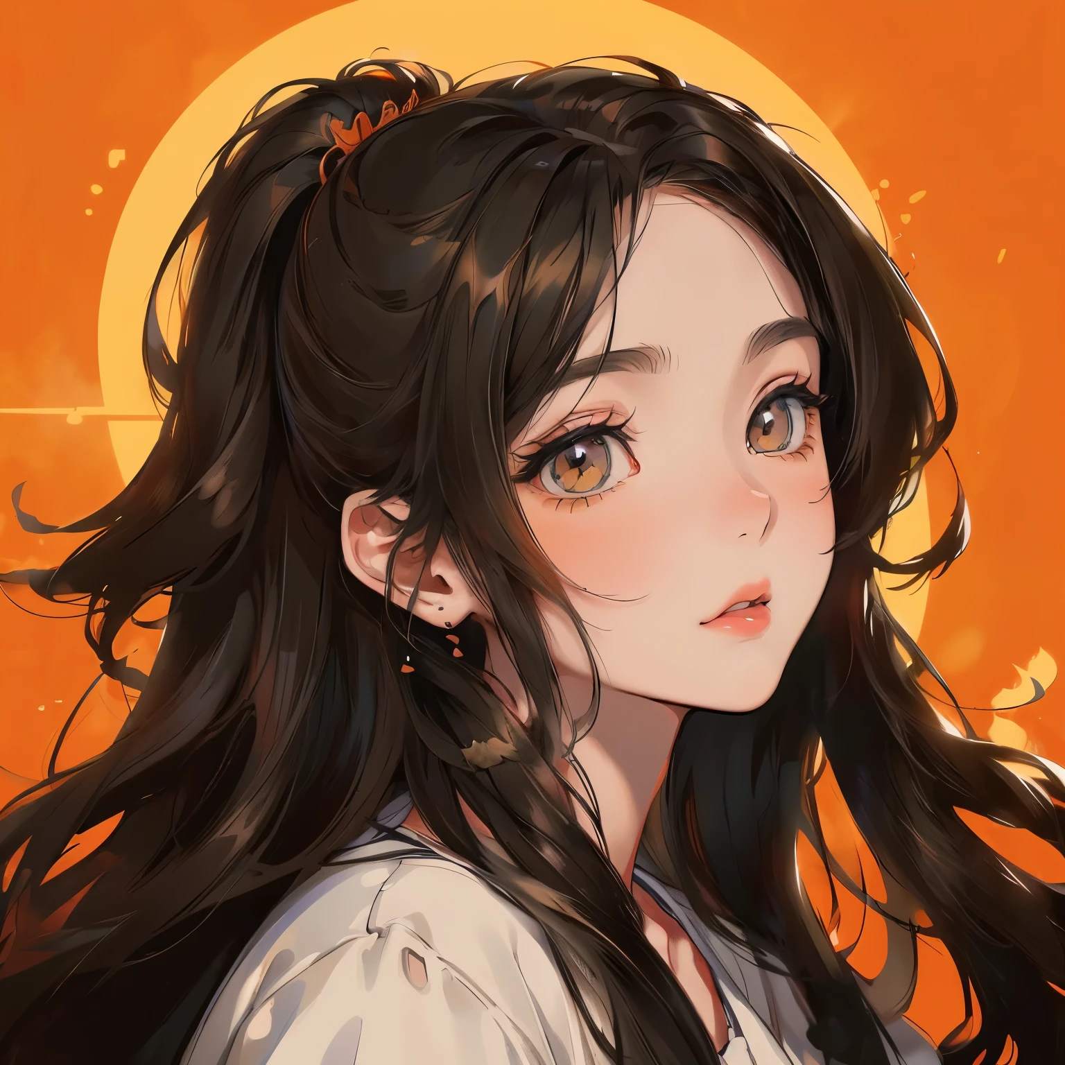 (portrait:1.3)portrait, girl with long black hair and orange background, Digital anime illustration, Anime style illustration, in the art style of bowater, Praise Artstyle, 🍁 Cute, lofi portrait, trending on artstration, lovely art style, beautiful anime art style, style of anime4 K, High quality anime art style, Anime art style, High-quality fanart