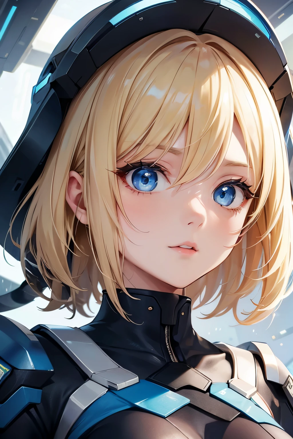 Upper body close-up image。One beautiful woman。Very cute woman。Blonde hair and blue eyes。Twenty years old。Detailed drawing of faces。She is dressed in a futuristic outfit。The underground world spreads out in the space behind her.。It&#39;s a world illuminated by the light of a red artificial sun.、Futuristic urban。