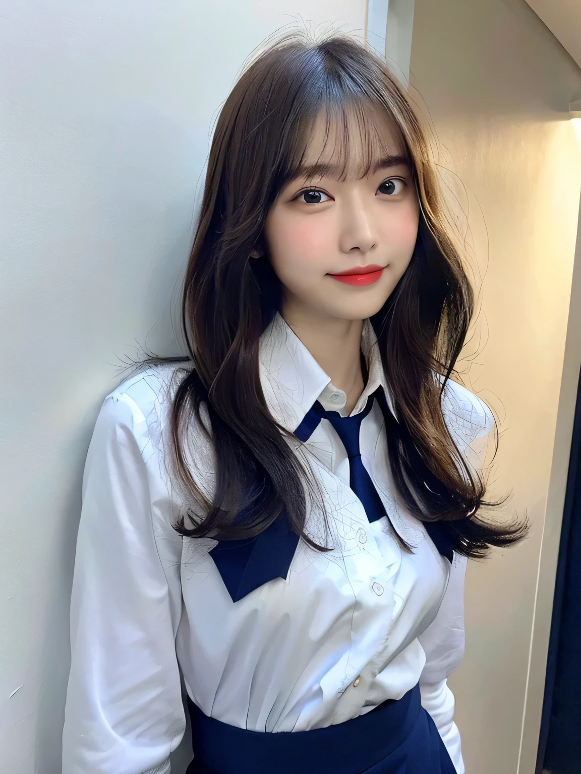 one person、14 years old、Full body photo、slender、woman、White drool coming out of the mouth、smile、Very short hairstyle、 Fair skin, messy hair, super cute、Soft and Face、8K resolution、Surreal、Ultra high definition、 A-cup small breasts（（Highest resolution、8k、masterpiece：1.3））、Ultra-fine face、Ultra Fine Lips、Beautiful Eyes、double eyelid,Light blue wall、Navy blue tie、white shirt with open front、Red mini skirt、Thighs、thin,Thighs are visible、Shapely small breasts、