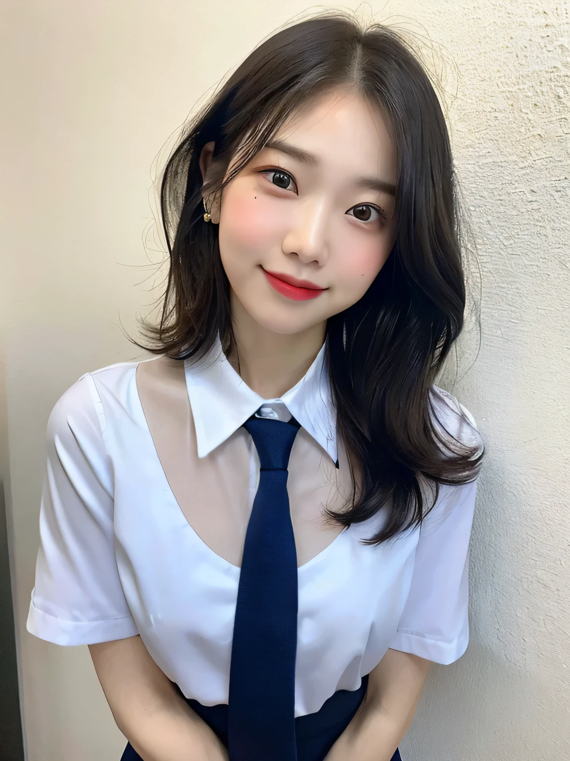 one person、、Full body photo、slender、woman、White drool coming out of the mouth、smile、Very short hairstyle、 Fair skin, messy hair, super cute、Soft and Face、8K resolution、Surreal、Ultra high definition、 A-cup small breasts((Higsolution、8k、masterpiece:1.3))、Ultra-fine face、Ultra Fine Lips、Beautiful Eyes、double eyelid,Light blue wall、Navy blue tie、white shirt with open front、Red mini skirt、Thighs、thin,Thighs are visible、Shapely small breasts、