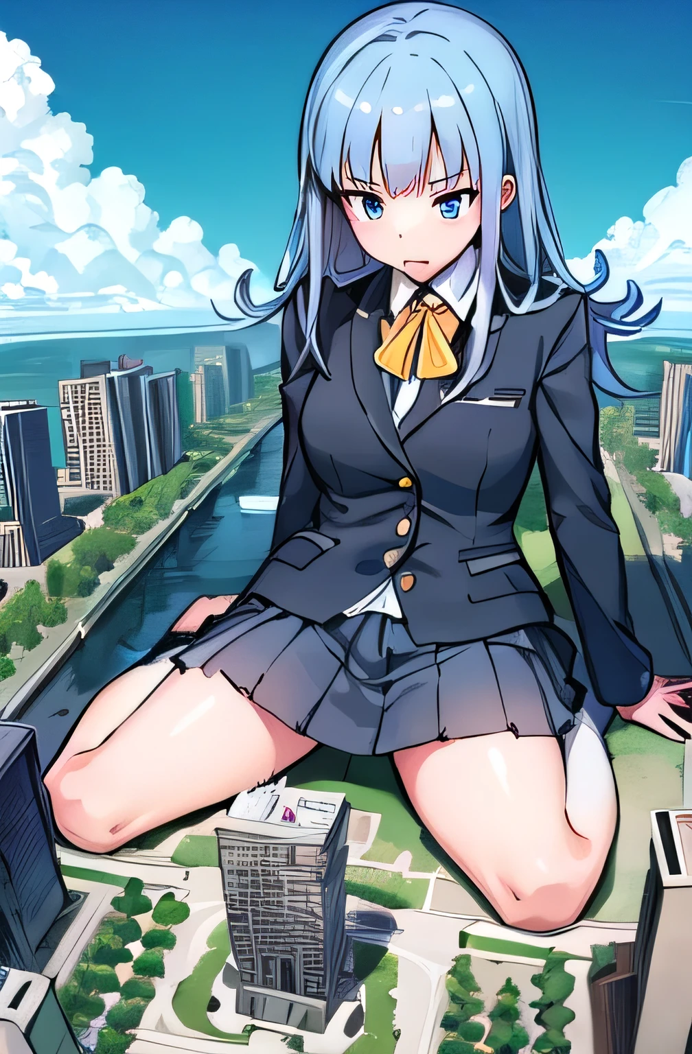 giantess,business suit, Only one girl, Lying down, ((Super huge high school girl bigger than a island)), Pleasure, Trying to crush a miniature metropolis, blue eyes, ((destroyed city)),, erect nipples,  Long legs, , No chest leakage, crash city, tiny city, micro city, , gym room, big assa, city, , giga giantess, huge craters, Woman crushing a building, ravines, cracks in the ground, earthquak, null, blue sky, City, ((Background on the street)), (((The Girl Who Crushes the City))), first-person view, first-person view, anime, first-person view, anime, best quality, masterpiece, highres