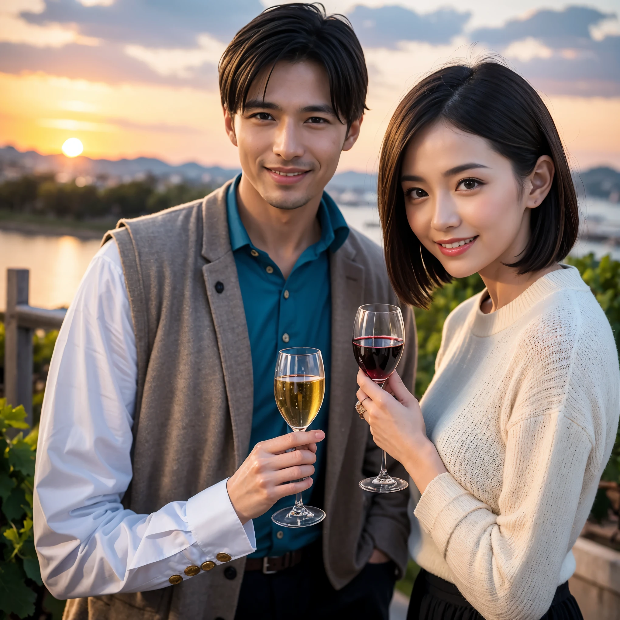 ((highest quality、8k、masterpiece:1.3))、 (Realistic, Real、Bright image、Intricate details:1.2), 1 male 1 female、Kimura Fumino-like beautiful couple、lover、couple、spouse、Beautiful couple、Happy smile、full-course dinner、 (Slim face), (Slim Body), (Brown Hair), (Short Hair), テーブルの上のwine glass、Please put light on my face、 Amazing view of the sunset sky and clouds、 (Age 35), 39 years old, red wine 、Appetizers、Wine bottle、sparkling wine、Long sleeve shirt、dress、White wine, red wine, wine glass,