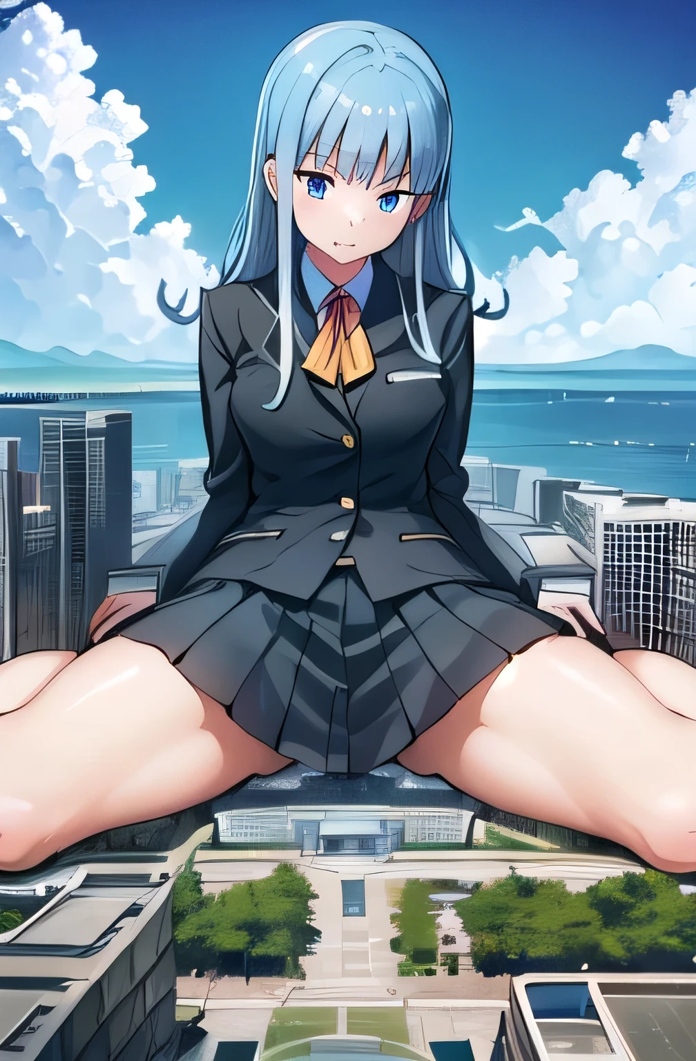 giantess,business suit, Only one girl, Lying down, ((Super huge high school girl bigger than a island)), Pleasure, Trying to crush a miniature metropolis, blue eyes, ((destroyed city)),, erect nipples,  Long legs, , No chest leakage, crash city, tiny city, micro city, , gym room, big assa, city, , giga giantess, huge craters, Woman crushing a building, ravines, cracks in the ground, earthquak, null, blue sky, City, ((Background on the street)), (((The Girl Who Crushes the City))), first-person view, first-person view, anime, first-person view, anime, best quality, masterpiece, highres