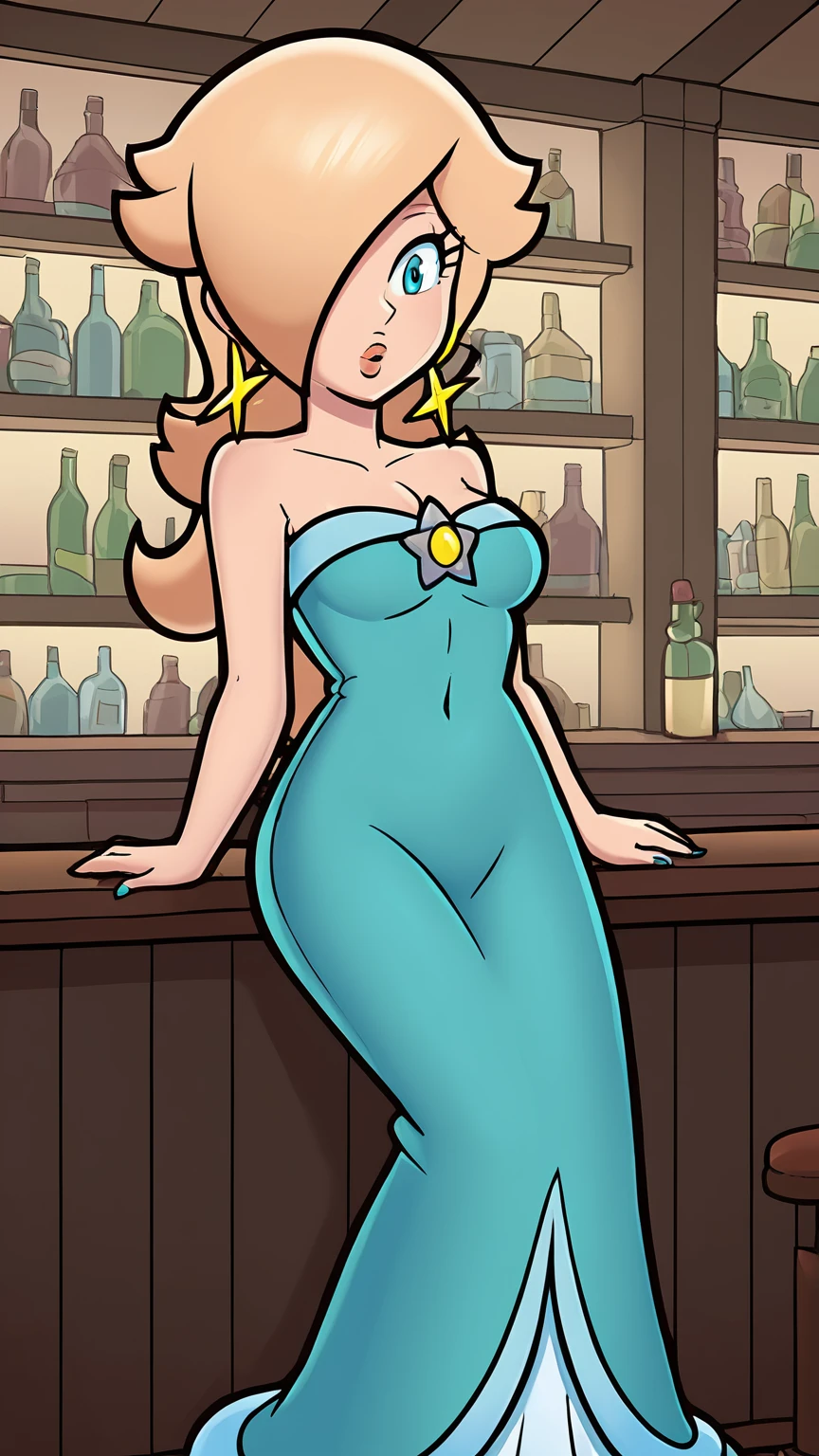 score_9, score_8_up, 1girl, solo, rosalina, style parody, thick outlines, blue dress, sleeveless, strapless, cleavage, indoors, bar,