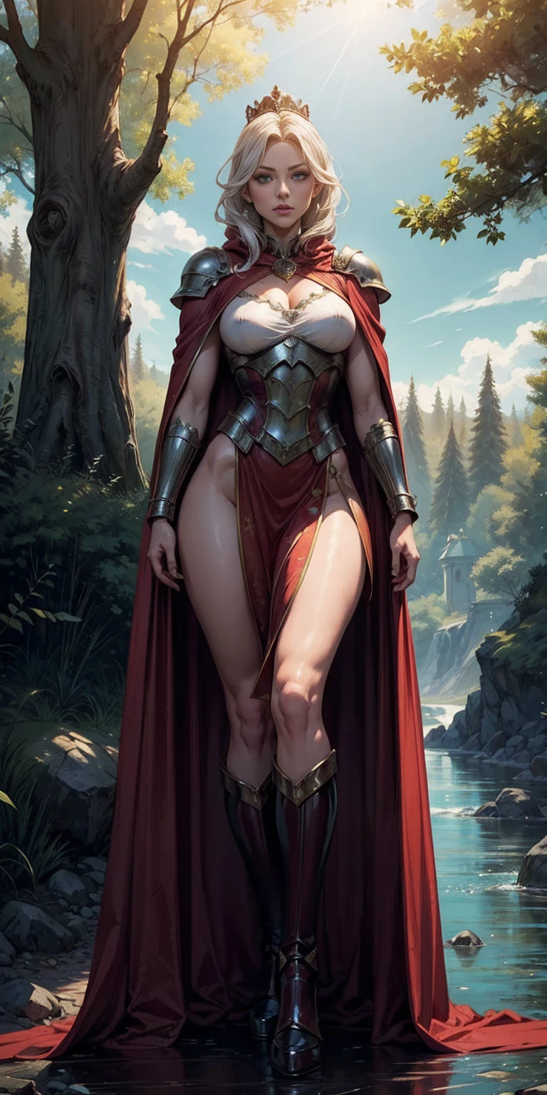 full body toe to head, masterpiece, 1soloMILF BIMBO standing pose long cape, strong body, abs, shiny skin (masterpiece, best quality) 1girlsolo (the empress:1.15) (red cape) curtain, armored dress, queen dress, aurora (sunshine, sky, river, forest)