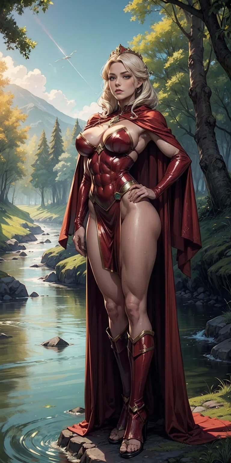 full body toe to head, masterpiece, 1soloMILF BIMBO standing pose long cape, strong body, abs, shiny skin (masterpiece, best quality) 1girlsolo (the empress:1.15) (red cape) curtain, armored dress, queen dress, aurora (sunshine, sky, river, forest)