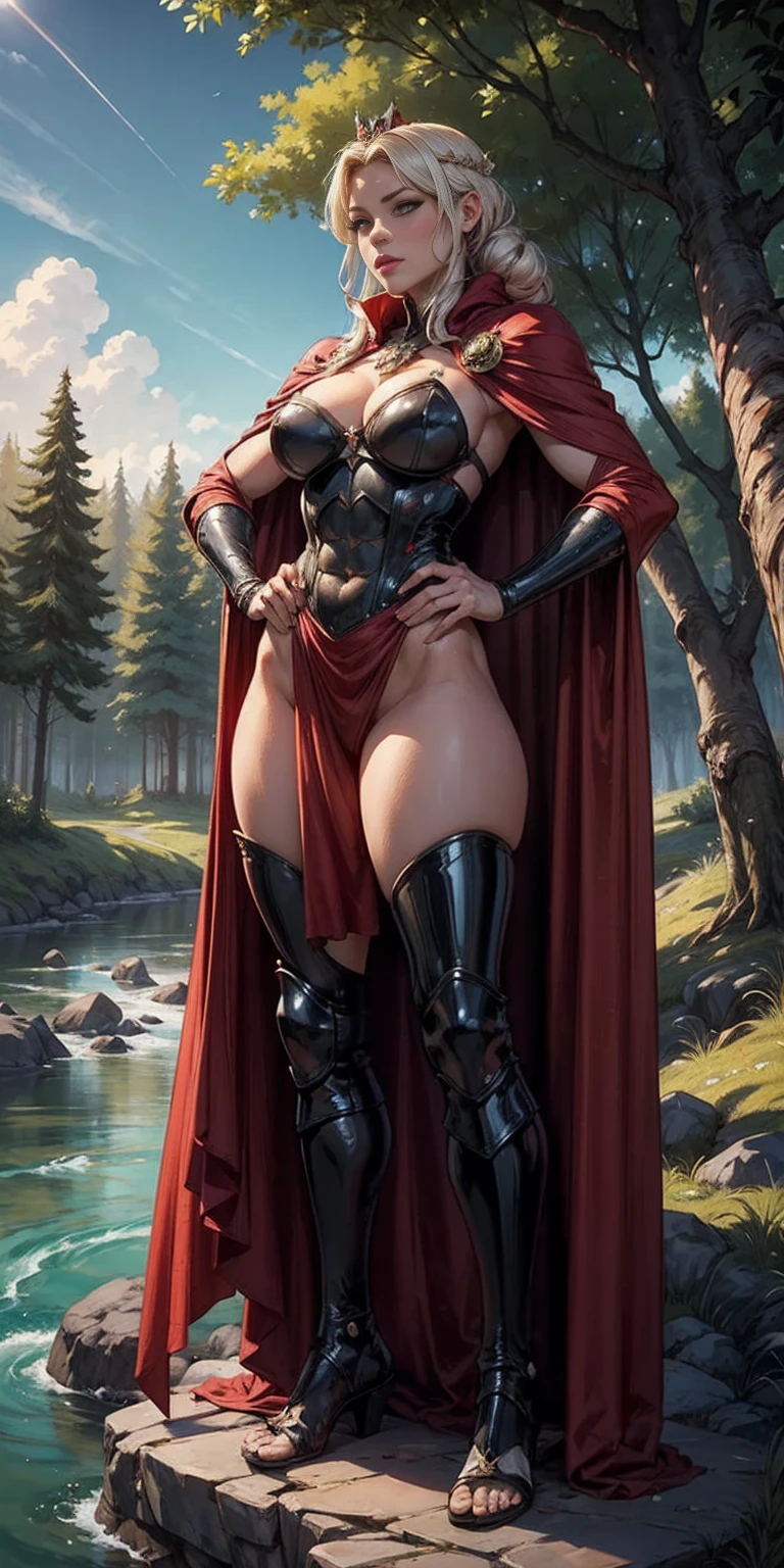 full body toe to head, masterpiece, 1soloMILF BIMBO standing pose long cape, strong body, abs, shiny skin (masterpiece, best quality) 1girlsolo (the empress:1.15) (red cape) curtain, armored dress, queen dress, aurora (sunshine, sky, river, forest)