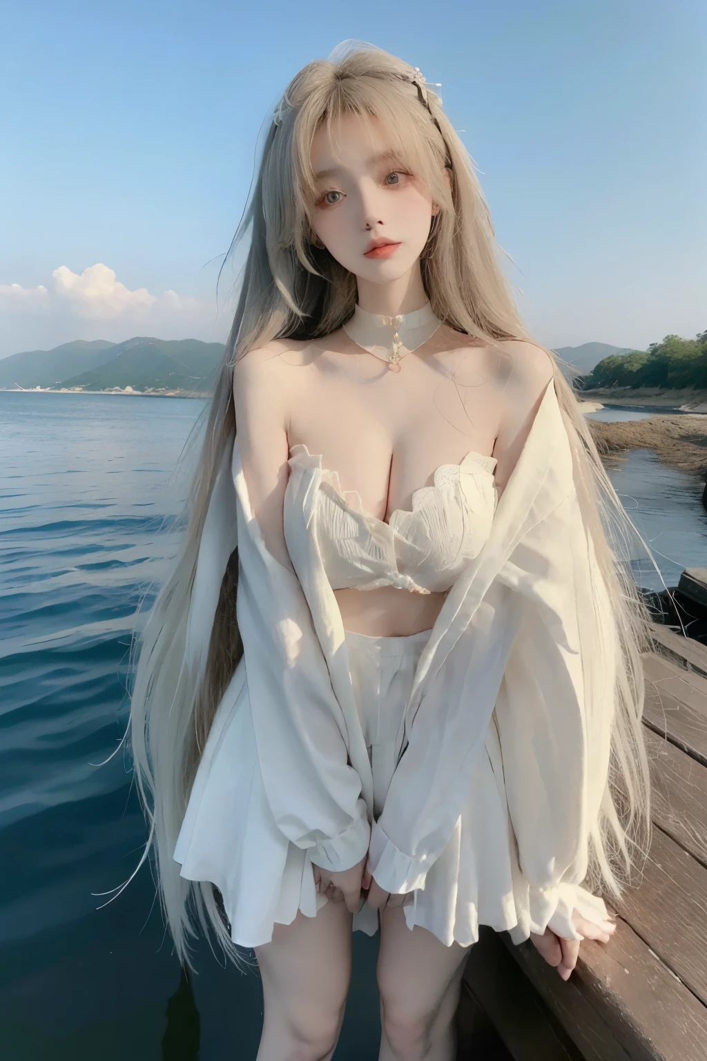Beautiful woman with perfect body:1.4,Prominent cleavage,Layered Hairstyle,Highly detailed face and skin textures,Double eyelids,Skin Whitening,Long hair,Whitened long legs,(Japanese girls high school uniform,Collar),Standing by the sea,Half-length photo