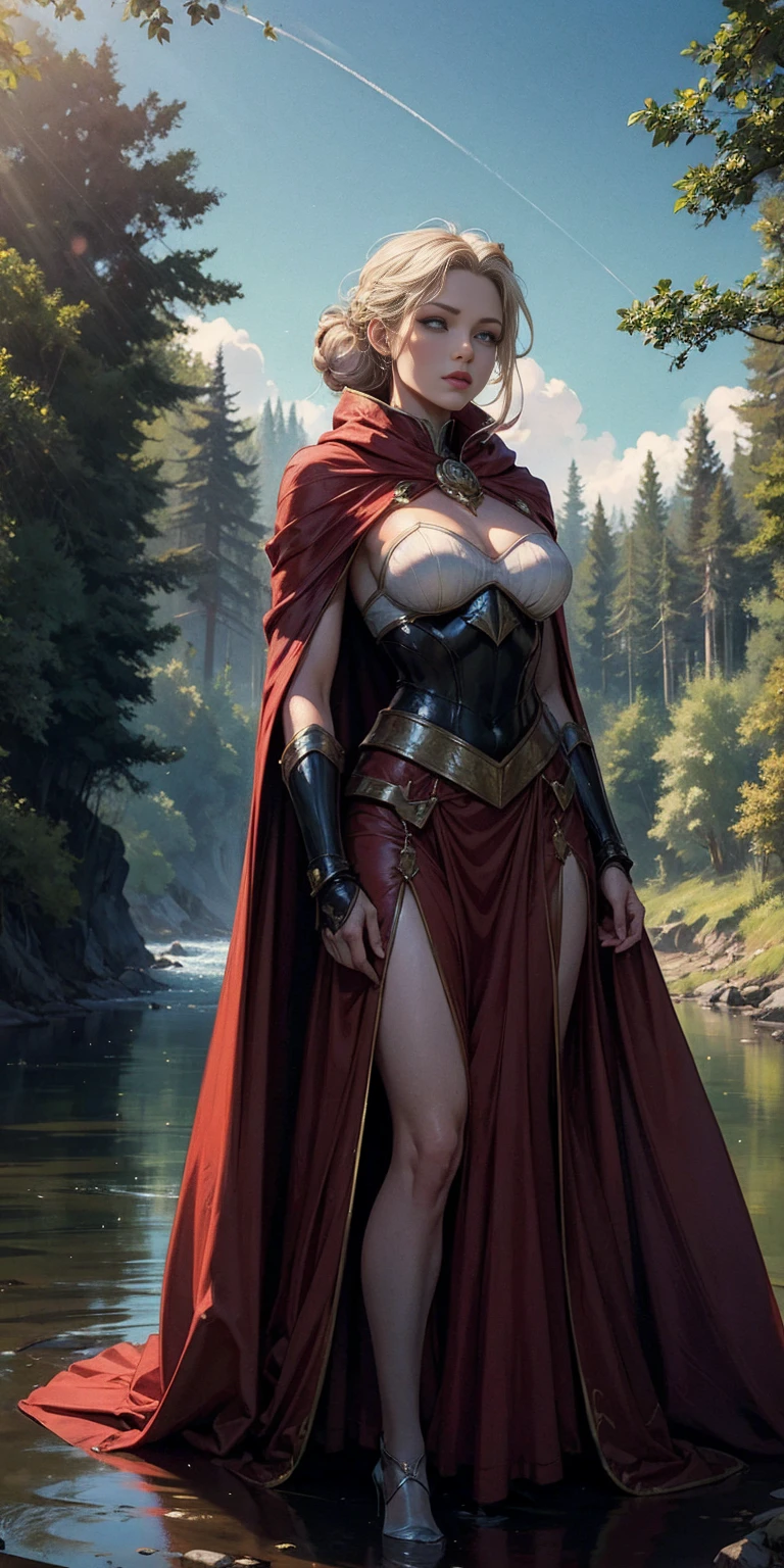 (masterpiece, best quality) 1girlsolo (the empress:1.15) (red cape) curtain, armored dress, queen dress, aurora (sunshine, sky, river, forest)