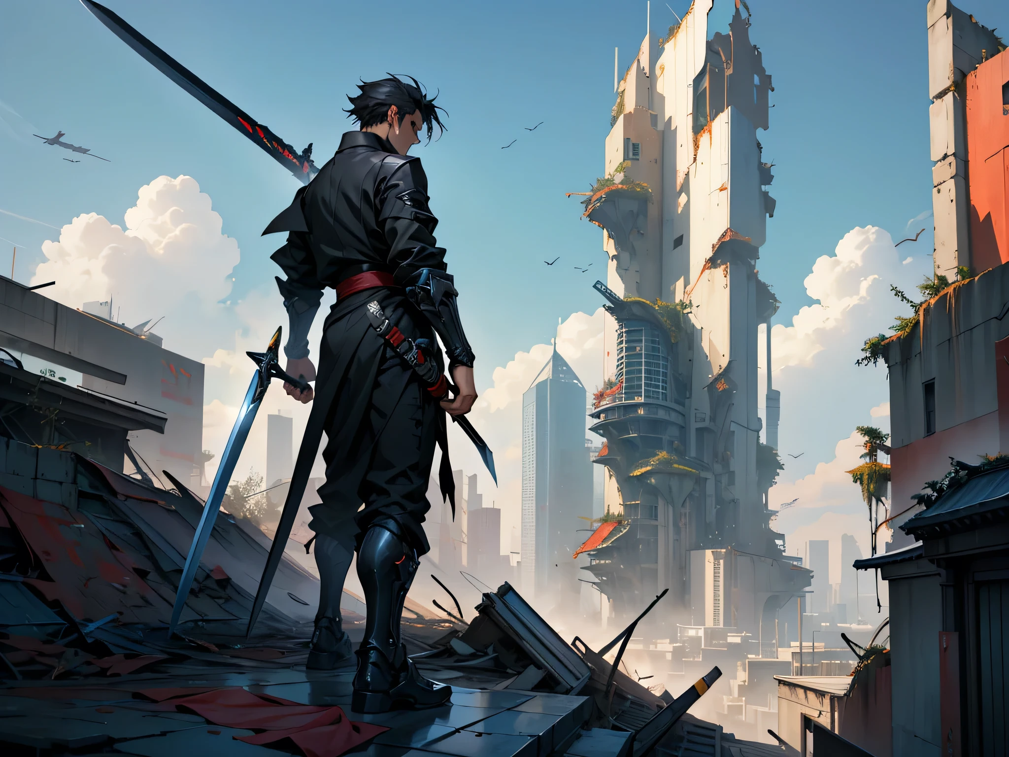 In a sci-fi style city, a swordsman stands on the rooftop of a tall building, wielding a black Chinese straight sword and dressed in modern black clothing, gazing at mechas and monsters soaring in the high clouds, leaving the world in ruins