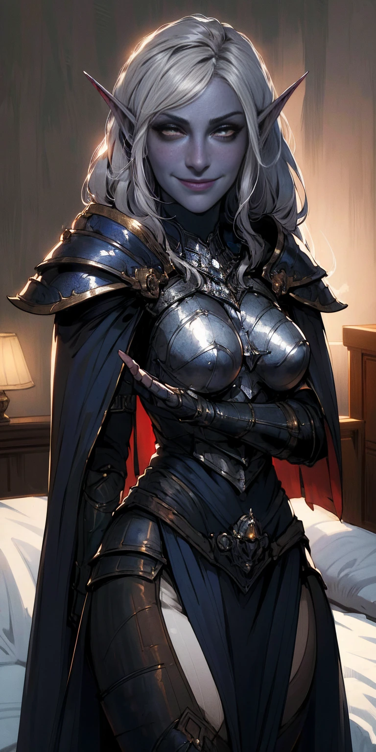 masterpiece, best quality, CG, wallpaper, HDR, high quality, high-definition, extremely detailed, drow, colored skin, dark elf, blue skin, grey skin, pointy ears, cape, armor, looking at viewer, 1girl on bed masturbate, dimmed light, brown eyes, long hair, chibi, red cheeks, sweat 😓 (happy smile closed mouth)