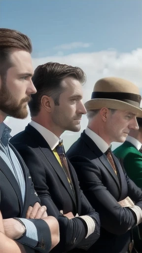 a group of Irish people men gathered together, focusing on their faces.