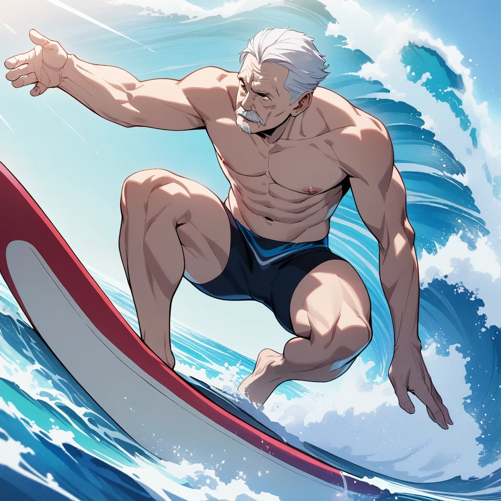 1man, grandpa, (((surfing))), mature stud, swimsuit, topless, dutch angle, looking at side, fullbody, solo, detailed background, nipples, elegant animated color, extreme all detailed, sharp vision, masterpiece, best quality