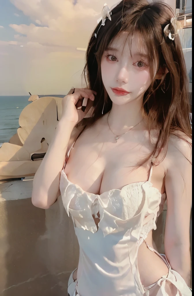 Beautiful woman with perfect body：1.4，Prominent cleavage，Layered Hairstyle，Highly detailed face and skin textures，Double eyelids，Skin Whitening，Long hair，Whitened long legs，（cheongsam，necklace），Standing by the sea