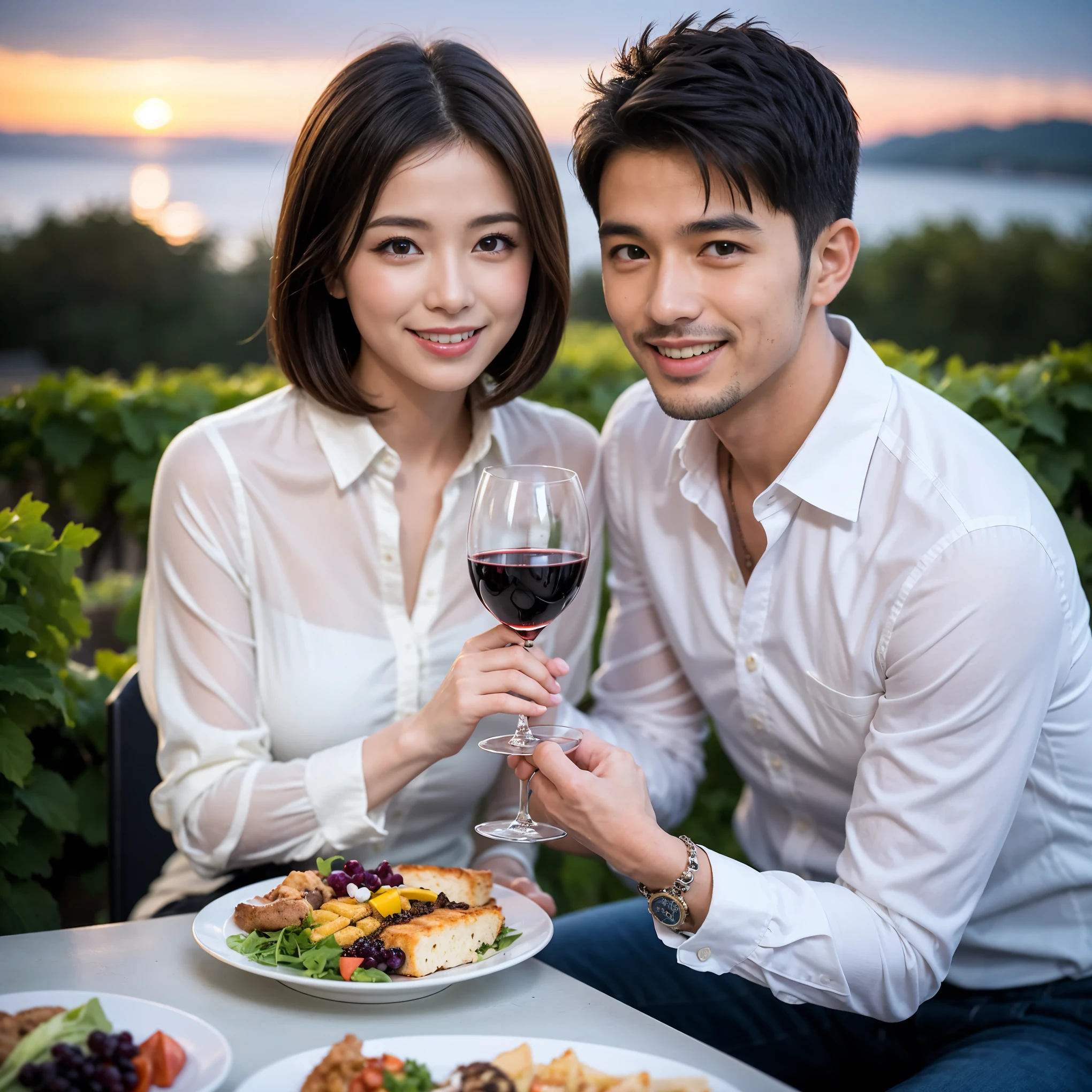 ((highest quality、8k、masterpiece:1.3))、 (Realistic, Real、Bright image、Intricate details:1.2), 1 male 1 female、Ryoko Yonekura-like beautiful couple、lover、couple、spouse、Beautiful couple、Happy smile、full-course dinner、 (Slim face), (Slim Body), (Brown Hair), (Short Hair), テーブルの上のwine glass、Please put light on my face、 Amazing view of the sunset sky and clouds、 (Age 35), 39 years old, red wine 、Appetizers、Wine bottle、sparkling wine、Long sleeve shirt、dress、White wine, red wine, wine glass,