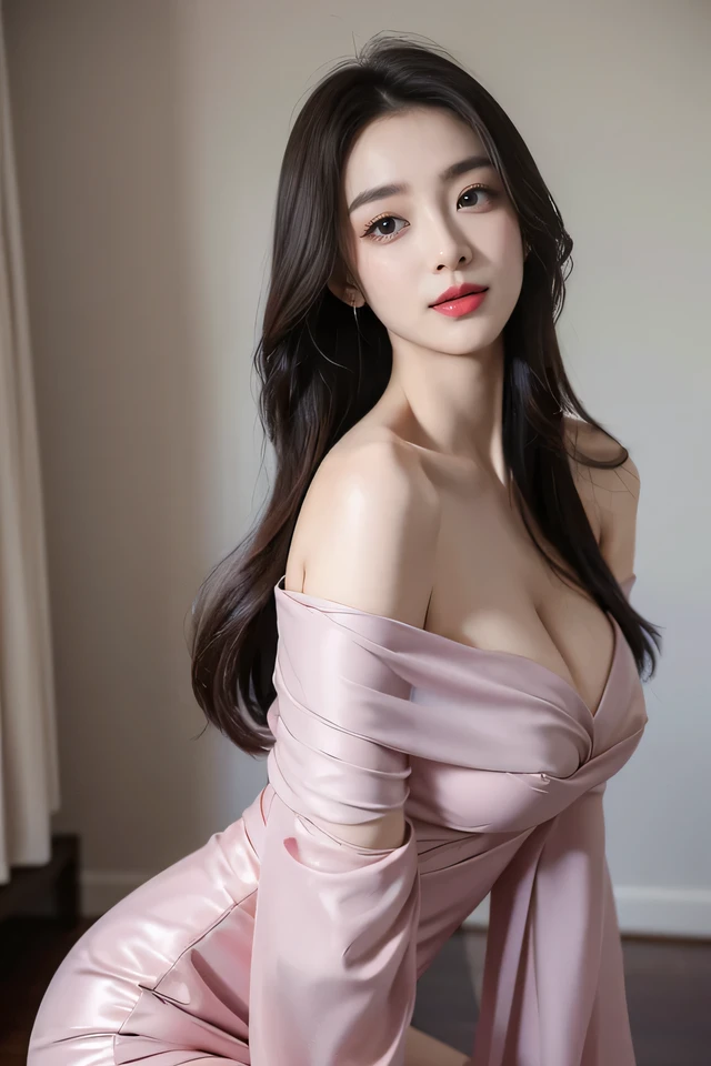Best quality,8K,masterpiece、Graininess,Perfect composition,Ultra-advanced resolution、Original photos、1 20-year-old Korean girl、Off-shoulder dress、E cup,Cleavage close-up,Dark brown hair,Exquisite makeup,Red lips,Smile,Perfect body,Shoulder-length straight hair,Oval face shape,big eyes,thigh,slim,emaciated,Girl wearing pink tulle deep V1.5,miniskirt,Black jumpsuit,Perfect hip line,Rear view,Perfect face shape,Delicate facial features,Double eyelids,Hazy eyes,(Extremely fine skin texture1.5),Extreme Light and Shadow,Highly detailed facial and skin texture,