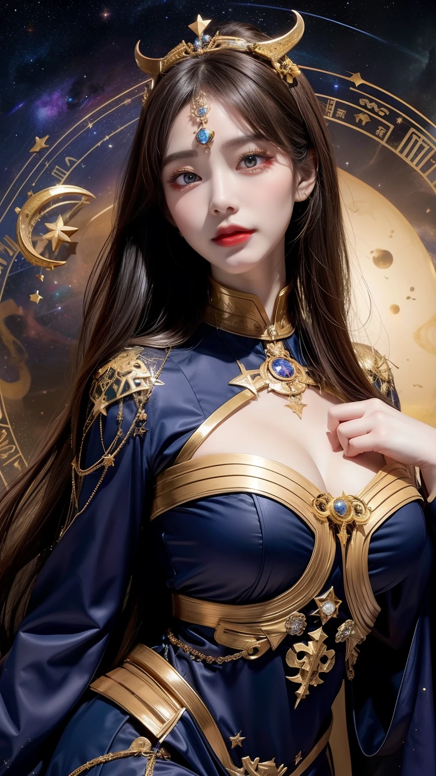 1 goddess of the zodiac from the future, wear the ao dai of the goddess of the zodiac to cover her chest, the goddess of the zodiac wears a bright yellow gold bodice, the goddess radiates a bright pink purple zodiac aura, the stars have the shape of the 12 zodiac signs, the goddess of the zodiac wearing a golden zodiac ao dai with many black details, the mythical goddess of the 12 zodiacs from the future, Zodiac sign ♏, zodiac style, dark and mystic version, Plump , Red lips are balanced and very beautiful, character by karol bak and pino daeni, intricate details, detailed background, many object of background, extra highly detailed, magic lighting, a woman, clearly drawn face, beautiful face and symmetry eyes, big round eyes and very beautiful and detailed makeup, distant focus, silk clothing, mystic adornment, upper body portrait, arms loose, Realistic and vivid photo, (stars that make up the zodiac: 1.7), (zodiac sky background and fantasy portal of space and time: 1.8 ), fiction art, RAW images, style fantasy hanfu, long sleeves that cover 2 hands, 2 outstretched arms,
