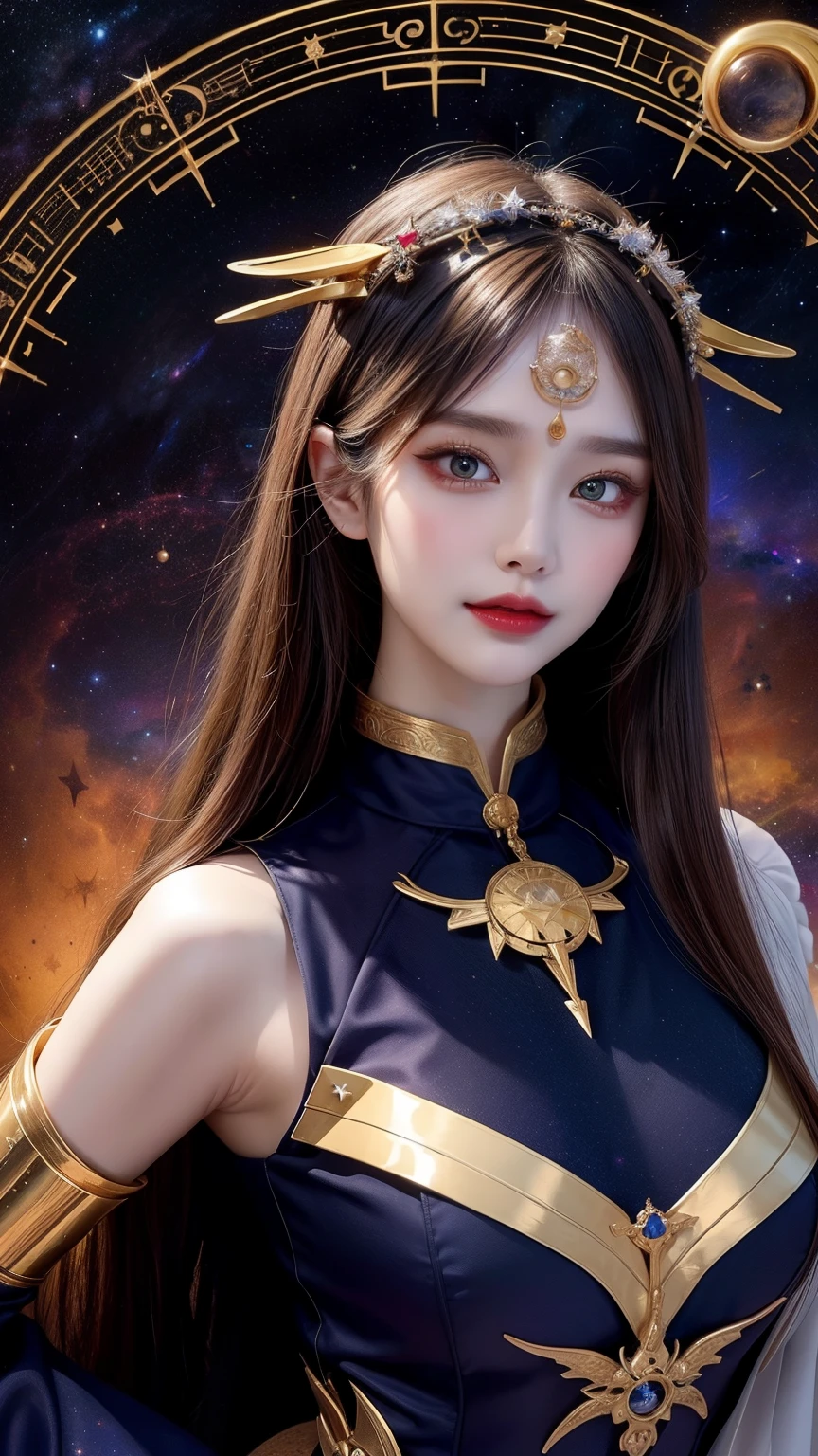 1 goddess of the zodiac from the future, wear the ao dai of the goddess of the zodiac to cover her chest, the goddess of the zodiac wears a bright yellow gold bodice, the goddess radiates a bright pink purple zodiac aura, the stars have the shape of the 12 zodiac signs, the goddess of the zodiac wearing a golden zodiac ao dai with many black details, the mythical goddess of the 12 zodiacs from the future, Zodiac sign ♏, zodiac style, dark and mystic version, Plump , Red lips are balanced and very beautiful, character by karol bak and pino daeni, intricate details, detailed background, many object of background, extra highly detailed, magic lighting, a woman, clearly drawn face, beautiful face and symmetry eyes, big round eyes and very beautiful and detailed makeup, distant focus, silk clothing, mystic adornment, upper body portrait, arms loose, Realistic and vivid photo, (stars that make up the zodiac: 1.7), (zodiac sky background and fantasy portal of space and time: 1.8 ), fiction art, RAW images, style fantasy hanfu, long sleeves that cover 2 hands, 2 outstretched arms,
