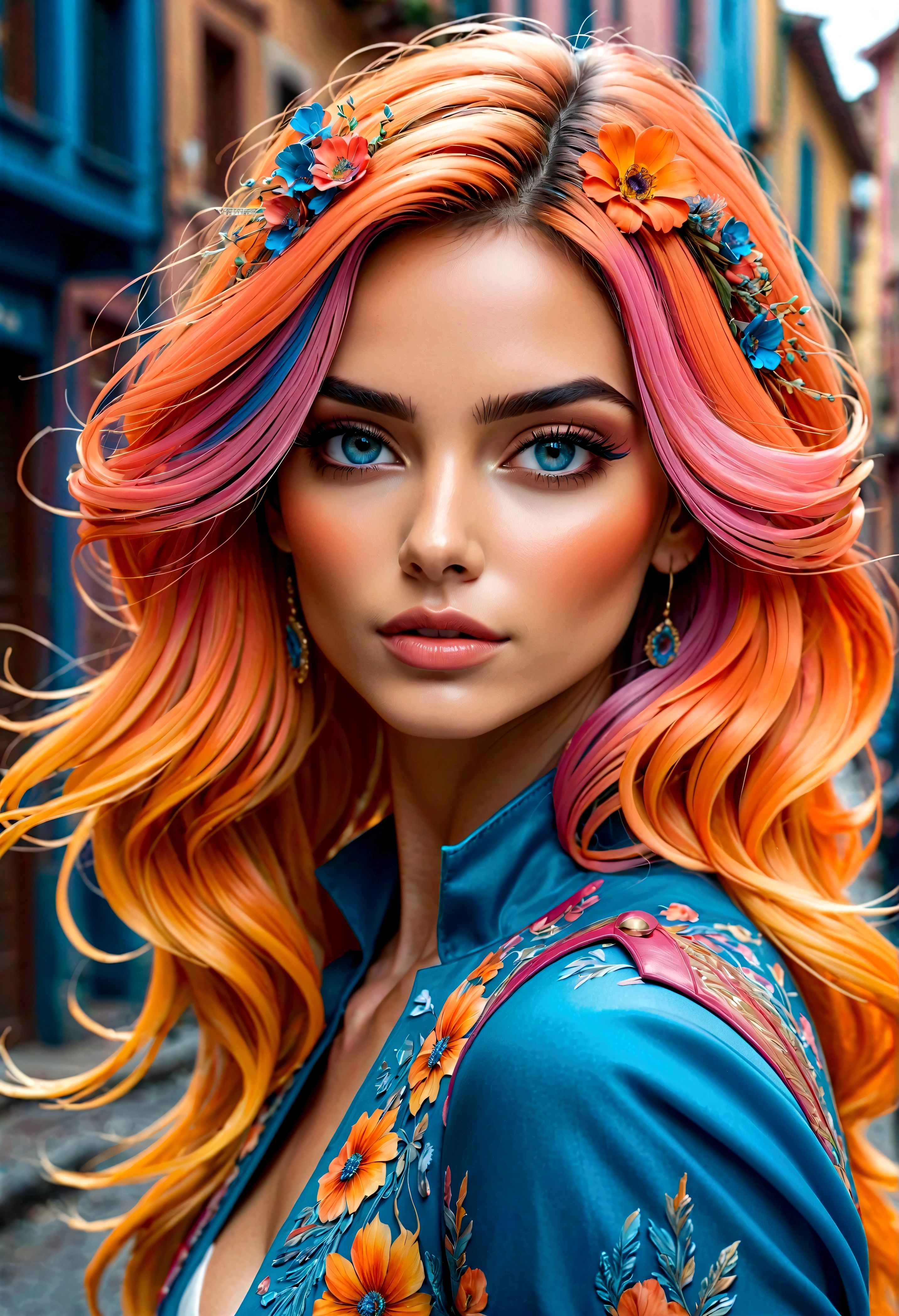 Uma linda mulher, highlighted in vibrant colors like a colored pencil drawing, tirando o cabelo do rosto. The woman is very well dressed in a mix of blue tones, rosa e laranja, com detalhes intrincados destacando suas vestes. All around her are splashes of color similar to watercolors., com flores e gotas de tintas..