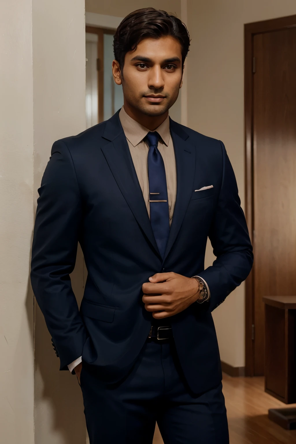 A brown handsome man with short normal hair with a  normal face wearing a dark blue suit his left arm on his pocket