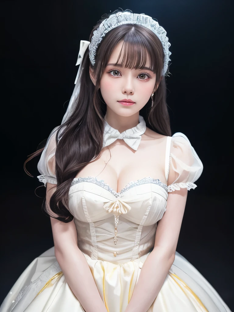 masterpiece, highest quality, masterpiece, Ultra high definition, The ultimate quality, The ultimate art, Highly detailed face, whole body, Very realistic, cute, Maid clothesを着た, Young girl, Big eyes, Long eyelashes, Multicolored Hair, Variegated eyes, Shiny skin, Fuller lips, Big Lips, Shiny skin, Blushing, Nice views, In space, Starry sky background, performer, Dazzling Light, Versatile light, Maid clothes