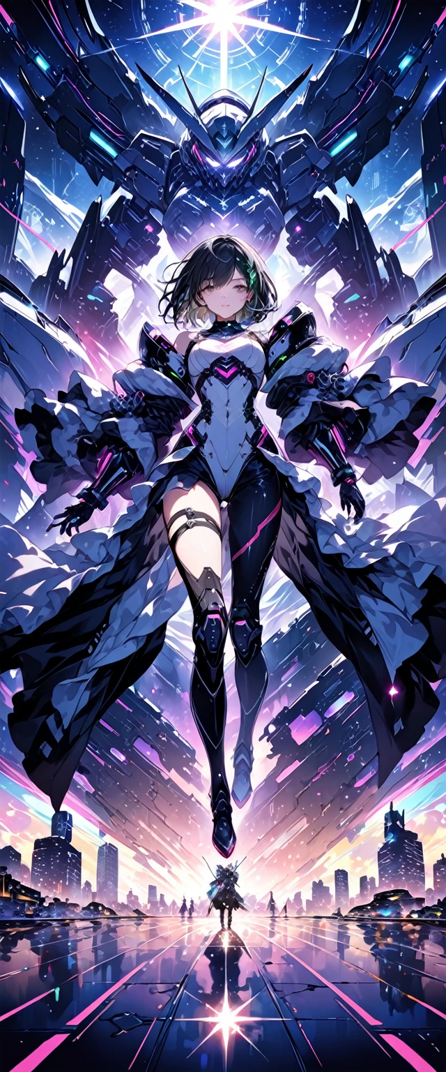 highest quality ,masterpiece, figure, very delicate and beautiful, very detailed ,cg ,unity ,8k wallpaper, wonderful, finely, masterpiece,highest quality,official art,very detailed cg unity 8k wallpaper,disorganized, incredibly disorganized, Super detailed, High resolution, very detailed,beautiful detailed girl,light shines on your face, 1 girl, Mecha, armor, Mechanical_body, black hair, spaceship, city, cyber punk, star_null,