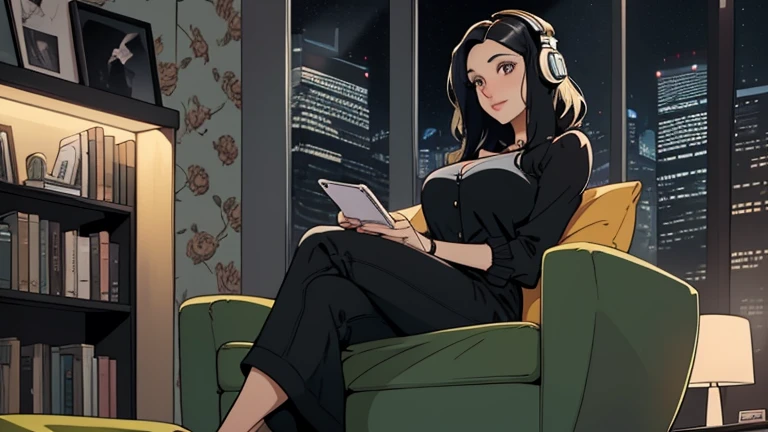 Beautiful woman in her 30s with black hair is sitting with headphones on the sofa. Looking down, LOFI girl, alone in the room, blouse, cozy wallpaper, big cushion, bookshelf, relaxing mood, night core, cozy, wide glass window with skyscrapers, outside view at night, only five fingers,