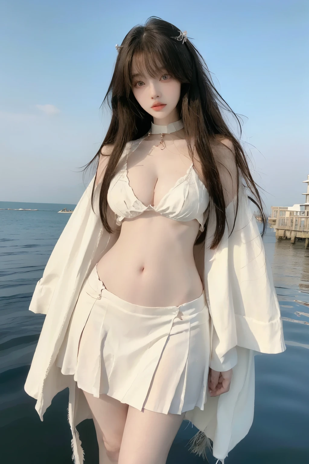 Beautiful woman with perfect body:1.4,Prominent cleavage,Layered Hairstyle,Highly detailed face and skin textures,Double eyelids,Skin Whitening,Long hair,Whitened long legs,(Japanese girls high school uniform,Collar),Standing by the sea,Half-length photo