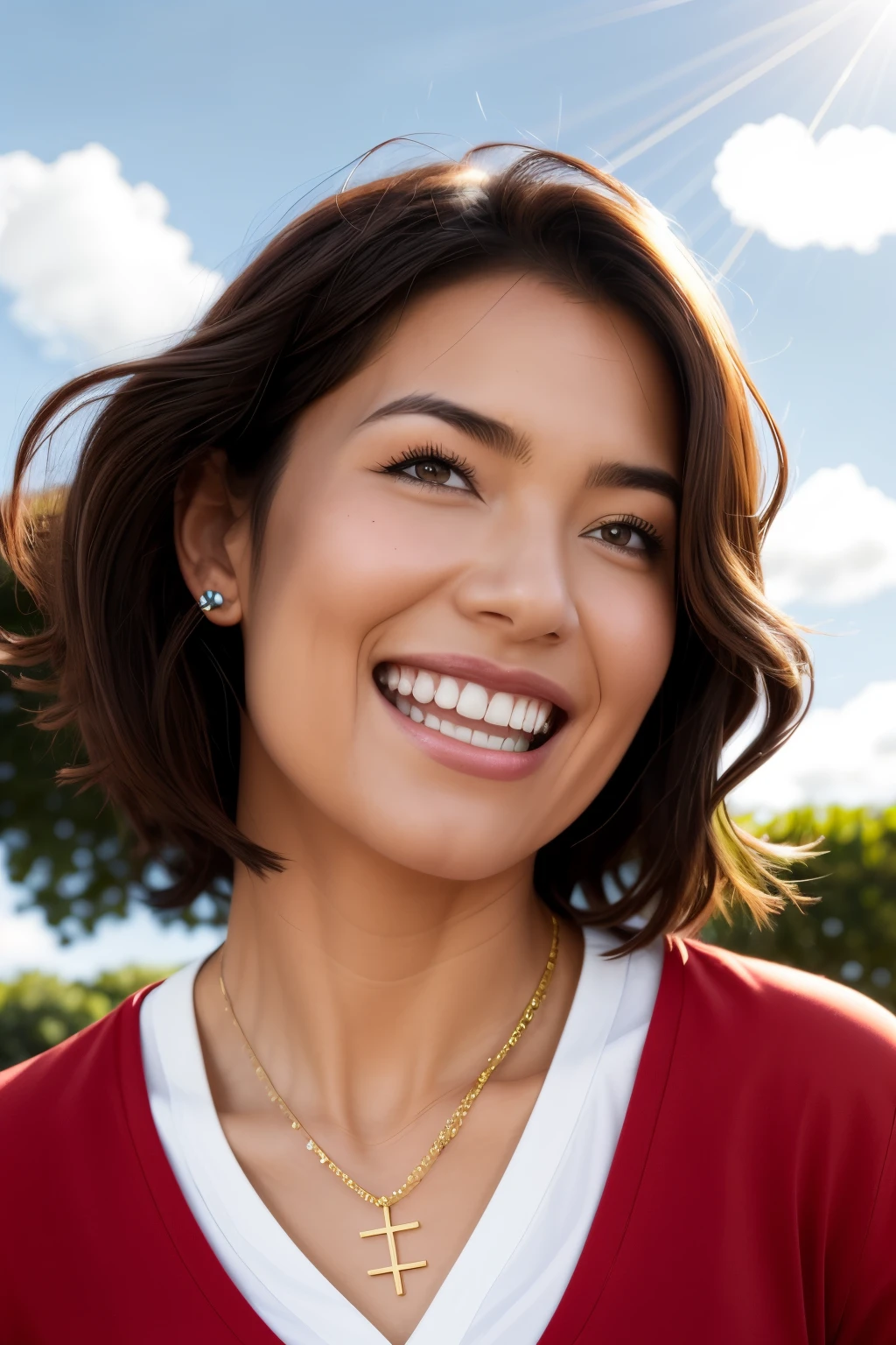 The upper body portrait of this unique character,one eye is red,the girl smiles to the sky,studio Ghibli movie style,blush,joyful expression,promotional movie still life,black-haired girl,low angle view,charming character design,zoo steward,round-faced character,wind scene,middle distance lens,sun scene,excited mood,milk element,flying hair,opening scene,shy expression,arik Roper art style,solo girl,sky,clouds,brown hair,smile,brown eyes,open mouth,blue sky,jewelry,daytime,shirt,necklace,audience engagement,white shirt,outdoor scene,short hair,looking at audience,1 girl,