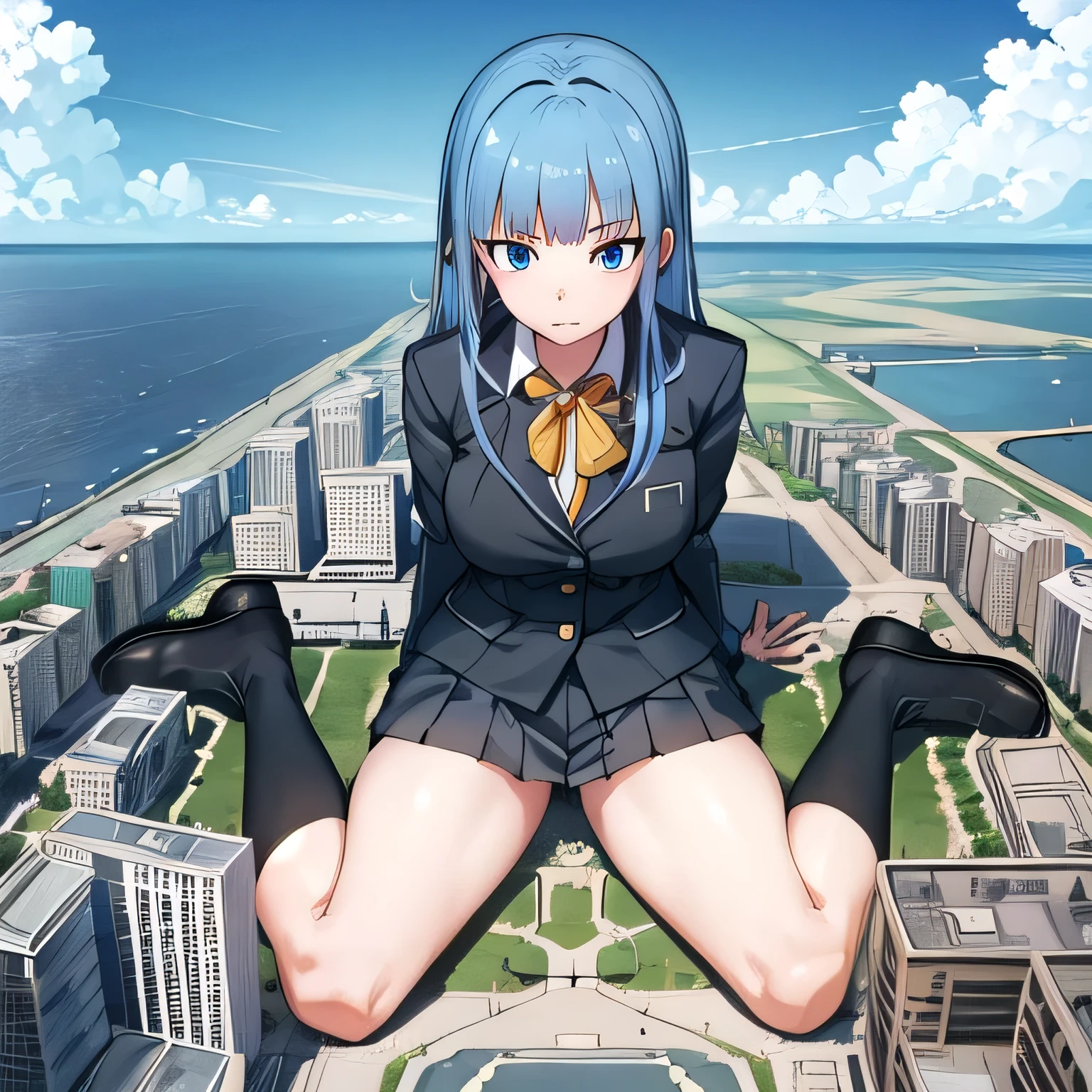 giantess,business suit, Only one girl, Lying down, ((Super huge high school girl bigger than a island)), Pleasure, Trying to crush a miniature metropolis, blue eyes, ((destroyed city)),, erect nipples,  Long legs, , No chest leakage, crash city, tiny city, micro city, , gym room, big assa, city, , giga giantess, huge craters, Woman crushing a building, ravines, cracks in the ground, earthquak, null, blue sky, City, ((Background on the street)), (((The Girl Who Crushes the City))), first-person view, first-person view, anime, first-person view, anime, best quality, masterpiece, highres,White gloves,Handjob,Black Loafers