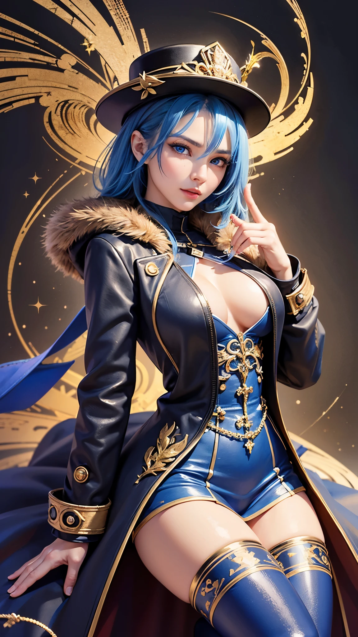 ((highest quality)),(Ultra-high resolution),(Very detailed),(Detailed Description),((The best CG)),(A masterpiece),Ultra-detailed art,Amazing drawing art,(Art with precise details:1.5), (1 adult female:1.6),(Beautiful and well-proportioned face:1.5),smile:1.6,compensate:1.4,(A coat with attention to detail:1.8),(Bright Blue Eyes:1.6),(Fashionable hats:1.4),Knee-high boots:1.3,