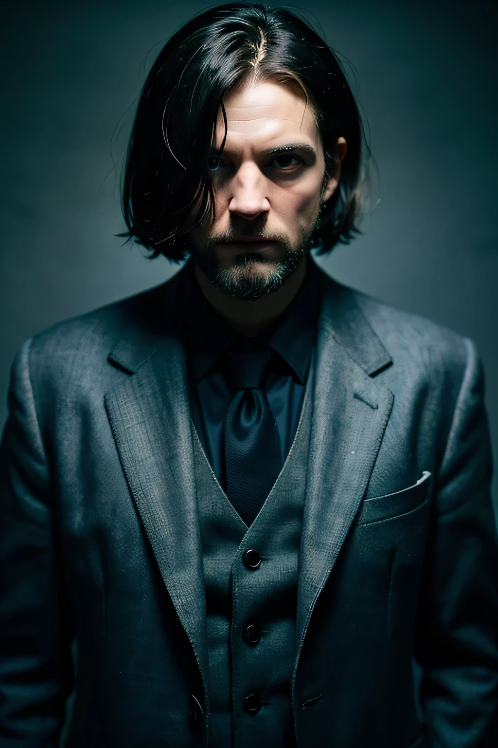 Create an image of a forward-facing man with a scary appearance, atmosfera misteriosa. Man should have pale skin, olhos vazios com olheiras, e um inquietante, cold expression. Your hair is messy and dark, cobrindo parcialmente o rosto. Ele usa um esfarrapado, terno antiquado que parece desgastado e envelhecido. The background is dimly lit, com sombras e desmaios, ghostly figures in the distance. O clima geral deve ser assustador e arrepiante, mas sem quaisquer elementos violentos ou sangrentos.