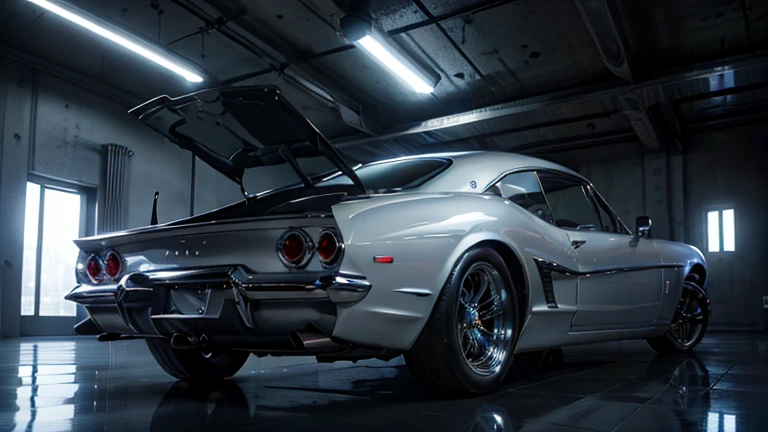 1960s luxury sedan, rear view, futuristic fantasy, epic sci-fi scene, intricate detailed design, glossy metallic body, glistening chrome accents, dramatic lighting, moody atmosphere, cinematic composition, photorealistic rendering, masterpiece, (best quality,8k,highres,masterpiece:1.2),ultra-detailed,(realistic,photorealistic,photo-realistic:1.37),cinematic lighting,dramatic shadows,volumetric fog,glowing energy field,gleaming chrome,aerodynamic body,intricate details,sleek and stylish