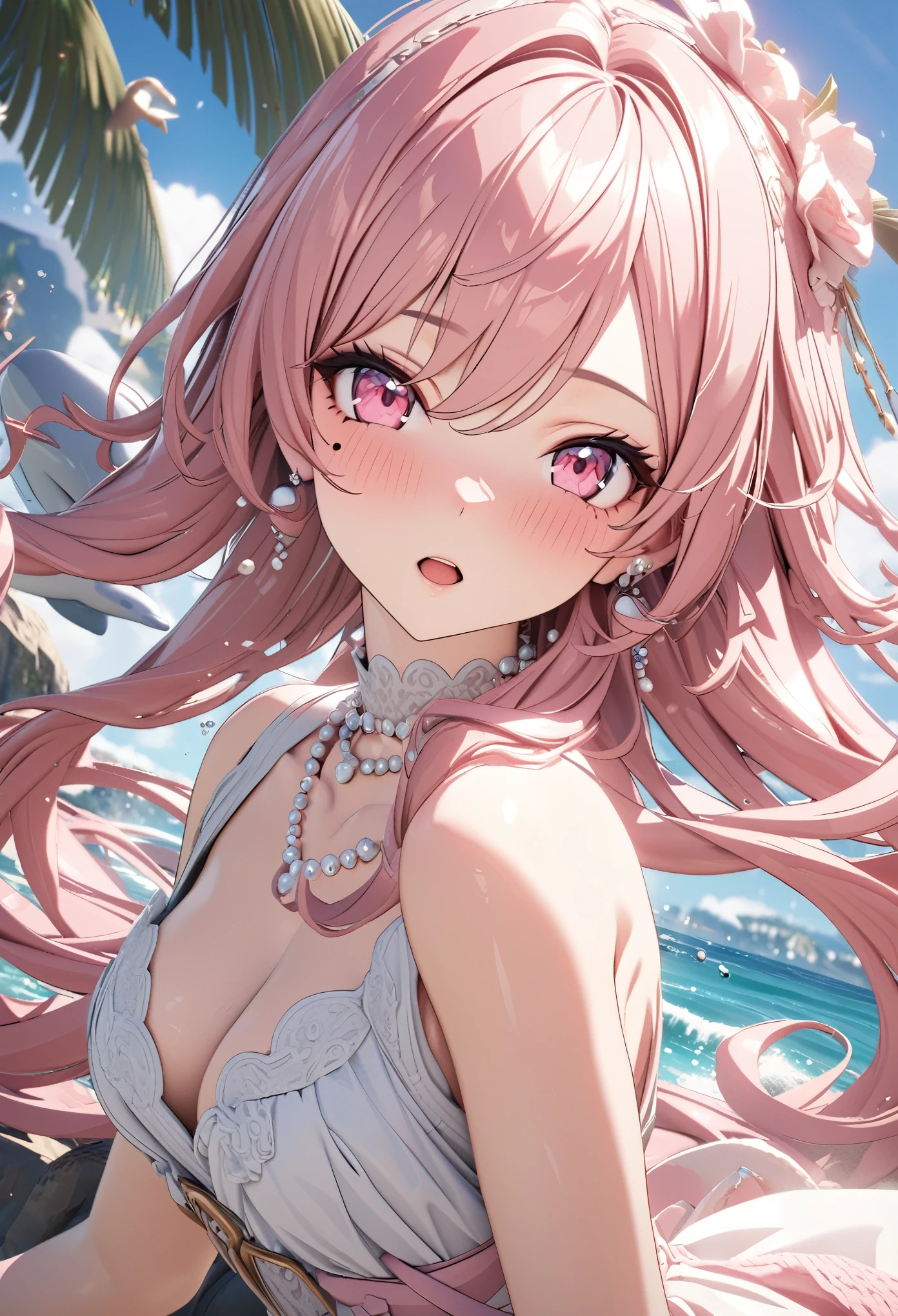 masterpiece, best quality, highly detailed, high resolution, expensive resolution, high resolution, 4k, 8k, Unity 8k wallpaper, highly detailed CG, masterpiece, 2d, 3d, beautiful details, depth, fine texture, best quality: 1.3, perfect focus, crispy skin, him, very cute anime girl, girl with pearl necklace and pearl earrings, idol. Background is ocean with dolphins jumping, scallops dancing, palm trees, expensive, pink medium long hair, mole under eye, looking at the viewer, expensive, blush, mole, open lips, , heart, pink eyes, choker