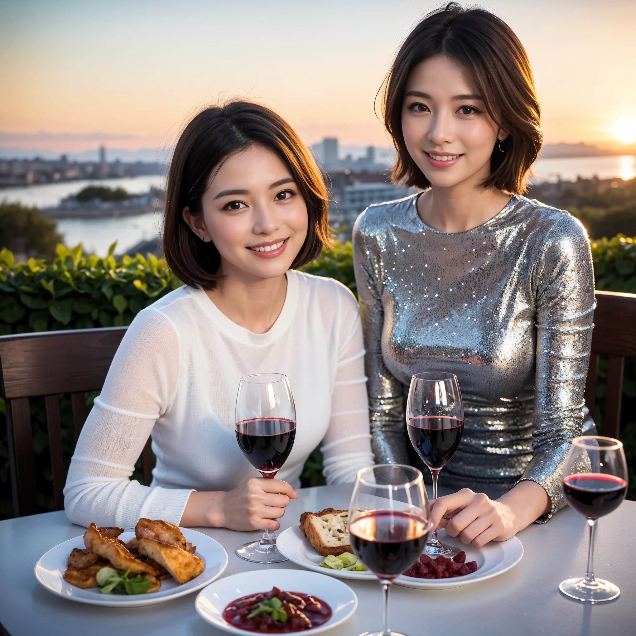 ((highest quality、8k、masterpiece:1.3))、 (Realistic, Real、Bright image、Intricate details:1.2), 1 male 1 female、Beautiful couple who look like Takahata Mitsuki、lover、couple、spouse、Beautiful couple、Happy smile、full-course dinner、 (Slim face), (Slim Body), (Brown Hair), (Short Hair), テーブルの上のwine glass、Please put light on my face、 Amazing view of the sunset sky and clouds、 (Age 35), 39 years old, red wine 、Appetizers、Wine bottle、sparkling wine、Long sleeve shirt、dress、White wine, red wine, wine glass,