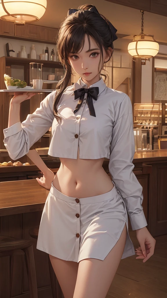 ((Women in crop top waitress button shirt)), dress properly, showing navel, (bow on the chest), show belly, holding dishes, food, realistic navel shape , expose a lot of abdomen area around belly button,