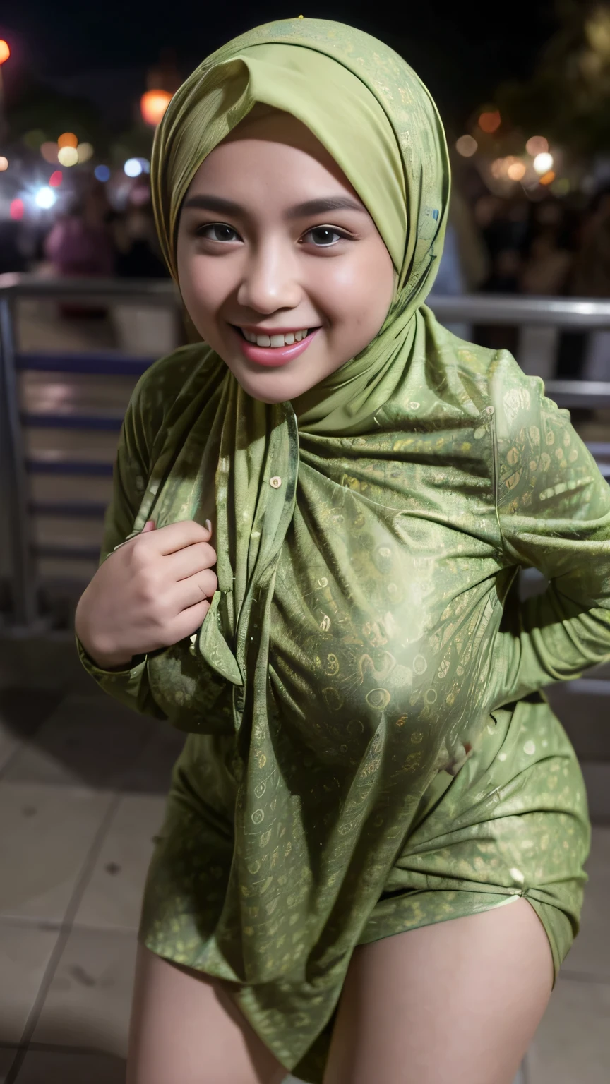 Cute malay girl in hijab wearing patung dress with seducing pose, big smile, laughing, happy, big front teeth, bustling nighttime city, wearing hijab, bright golden color hijab, big , huge breast, thick thighs bright lighting, big round ass, cute face, slim abs, 35mm lens, Extreme close-up, pastel color grading, depth of field cinematography effect, romantic film genre, 8k resolution, high quality, ultra detail,