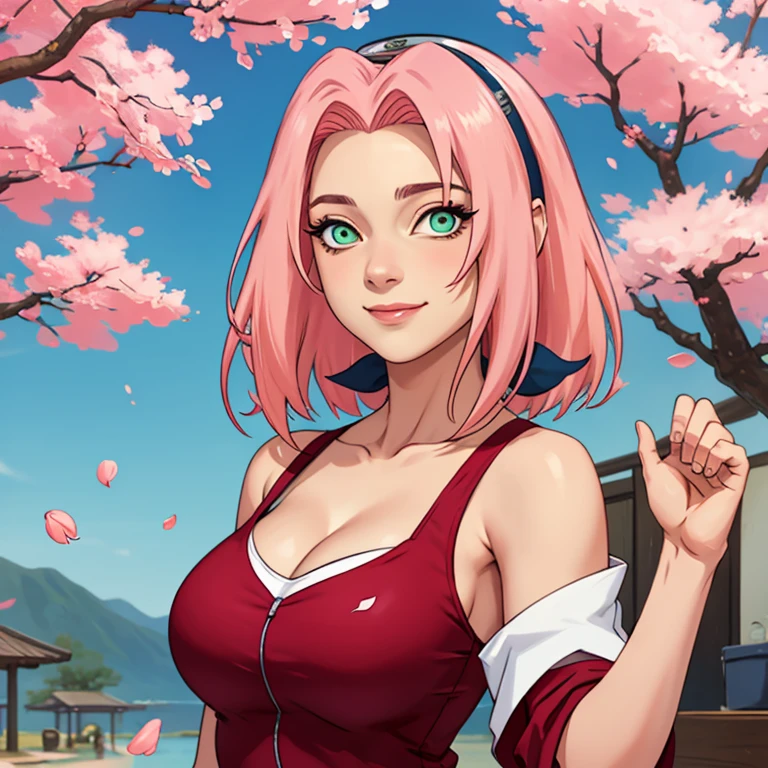 tmasterpiece， Best quality at best， 1girll， Sakura Haruno， Large breasts，Off-the-shoulder attire，（cleavage)，（upperbody closeup)，Raised sexy，is shy，ssmile，with pink hair， long whitr hair， （Green eyeballs:1.4)， Forehead protection， the cherry trees，Cherry blossoms flying，Red clothes sleeveless