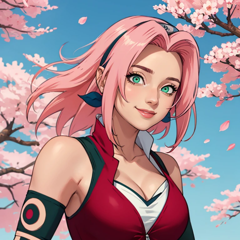 tmasterpiece, Best quality at best, 1girll, Sakura Haruno, Large breasts,Off-the-shoulder attire,(cleavage),(upperbody closeup),Raised sexy,is shy,ssmile,with pink hair, long whitr hair, (Green eyeballs:1.4), Forehead protection, the cherry trees,Cherry blossoms flying,Red clothes sleeveless