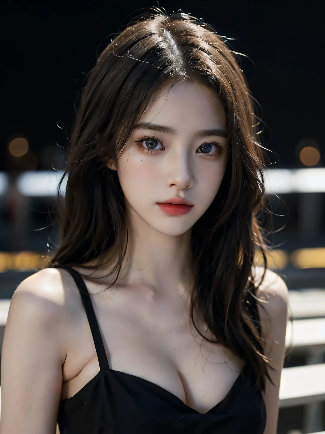 1girl, (looking at viewer:1.2), detail face, (a girl standing, rending on cgsociety, black shadows, streaming, new york backdrop), romanticism, atmospheric, (RAW photo, best quality), (realistic, photo-realistic:1.3), masterpiece, an extremely delicate and beautiful, extremely detailed, D cup,Cleavage,Translucent tube top1.5,Exquisite eye details,