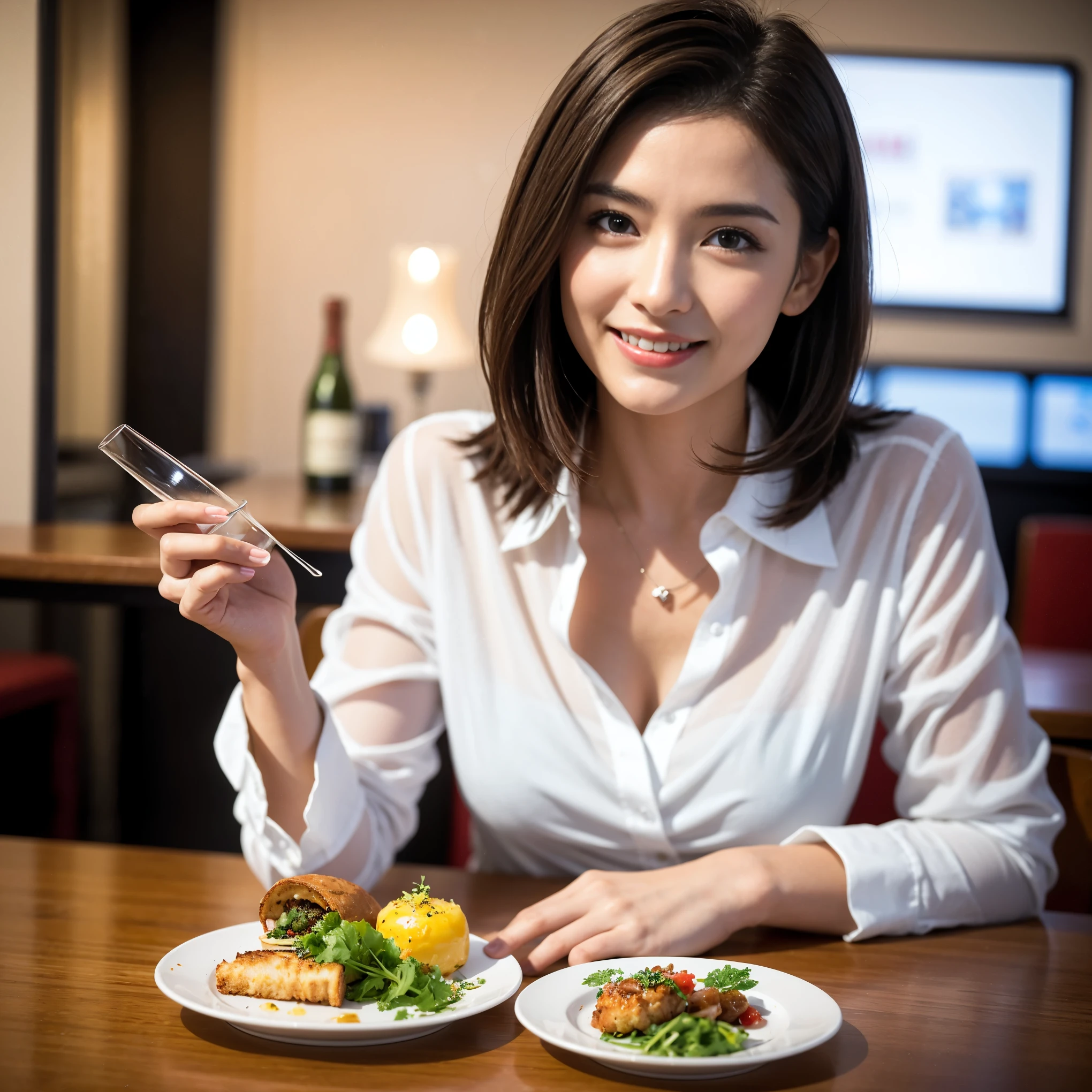 ((highest quality、8k、masterpiece:1.3))、A beautiful woman who looks like Rae Dunn、1 male、1 female、Couple、Spouse、The body is slim、((Bob Hale、Straight hair:1.2)), (Realistic, Intricate details:1.2), full-course dinner、テーブルの上のwine glass、Put the light on your face、 Amazing view of the sunset sky and clouds、A bright smile、The wonderfulness of smile、Bright image、The beauty of wine, Beautiful Face, blue eyes, The light shines on your face, Blushing, short hair,Bright Face、 (Age 44), 43 years old, red wine 、Appetizers、Italian food、Wine bottle、Champagne、sparkling wine、Two beauties、Brown Hair、Shortcuts、Long sleeve shirt、dress、Pretty Woman 1, (slimな顔), (The body is slim), (Brown Hair), (Shortcuts), cheeks turn a little red,Attractive beauty、restaurant, In a prominent place (From the waist up) Nova Frog Style, actress, model, Upper Body, White wine, slim, wine glass, A wine glass placed in the center, smile, (smile: 1.15), Beautiful fine grain, Depth f/2,saturation, High Contrast, Strong light and shadow,Moist Body:1.5、3D texture、Delicate eyes、Brown Hair、The hair is very shiny、