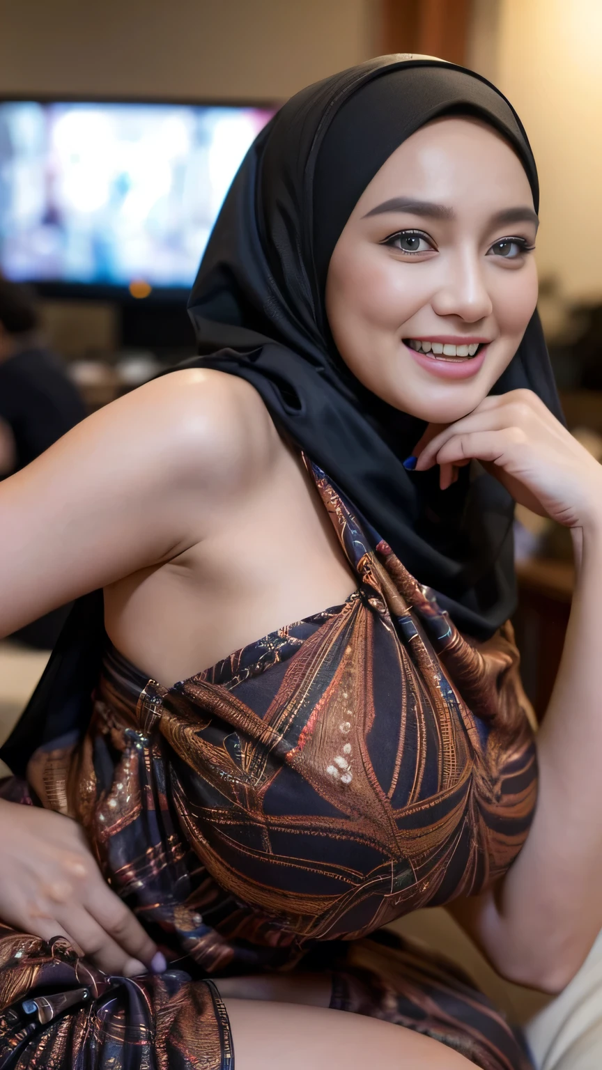 Cute malay girl in hijab wearing patung dress with seducing pose, big smile, laughing, happy, big front teeth, bustling nighttime city, wearing hijab, bright golden color hijab, big , huge breast, thick thighs bright lighting, big round ass, cute face, slim abs, 35mm lens, Extreme close-up, pastel color grading, depth of field cinematography effect, romantic film genre, 8k resolution, high quality, ultra detail,