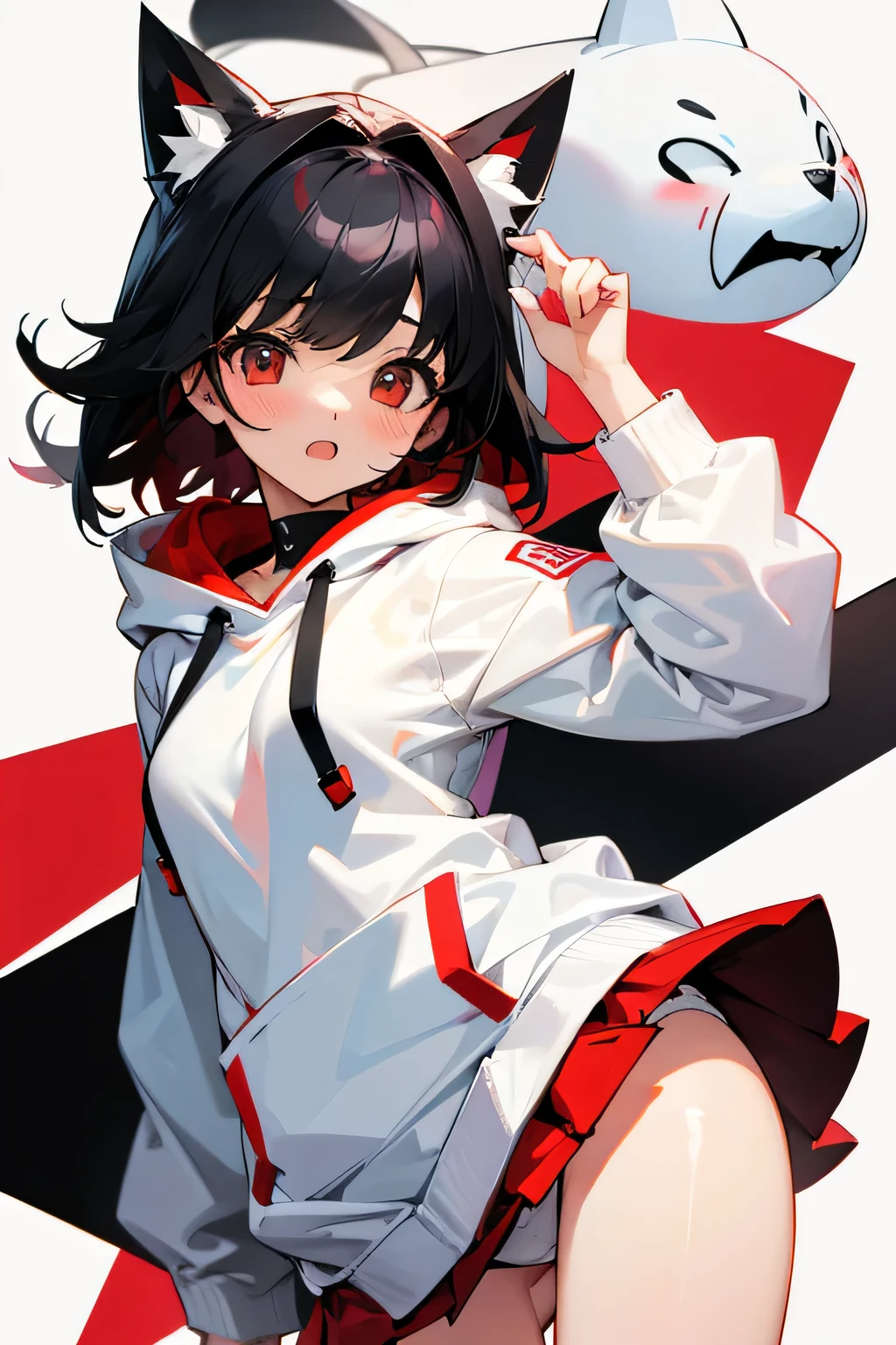 Cute Girls。Black Hair。White hoodie。Red mini skirt。Panty shot