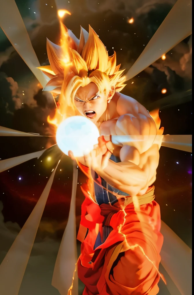 (Best quality, 8k, 32k, Masterpiece, UHD:1.2) "Transform the scene into a dynamic and intense moment with Son Goku energizing a powerful Kamehameha. Picture Goku in his iconic stance, hands cupped together as he channels immense energy, the glowing blue orb of the Kamehameha forming between his palms. His expression is one of fierce determination, his muscles tensed and aura flaring.
The surroundings are engulfed in a cosmic blaze, with flames swirling around him, fueled by the sheer power of the attack. These flames are not ordinary; they shimmer with a cosmic radiance, reflecting hues of blue, purple, and white, reminiscent of the birth of a star. The ground beneath Goku cracks and splinters, unable to withstand the immense force emanating from him.
Around the charged Kamehameha, a swirling vortex of dust and debris spins rapidly, caught in the gravitational pull of the concentrated energy. The dust particles glow faintly, illuminated by the energy sphere, creating a mesmerizing and chaotic dance of light and shadow.
The sky above is a maelstrom of cosmic activity, with swirling galaxies and nebulae casting an otherworldly glow over the scene. Lightning arcs through the air, crackling with energy and adding to the dramatic intensity. The entire environment vibrates with the raw, untamed power of Goku’s Kamehameha, highlighting the monumental scale of his strength.
Capture the essence of this iconic moment by emphasizing the cosmic and fiery elements, the swirling dust and debris, and the sheer power and intensity radiating from Goku. The scene should evoke a sense of awe and exhilaration, showcasing the extraordinary might of one of the most powerful attacks in the Dragon Ball universe."